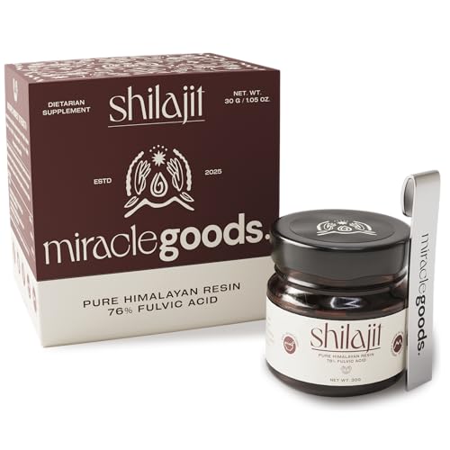 MIRACLE GOODS.® Shilajit Puro del Himalaya | Shilajit Resina natural con 76% Ácido Fúlvico +85 Minerales | Certificado Laboratorio, Sin Metales Pesados | Vitalidad Renovada y Fuerza Estructural