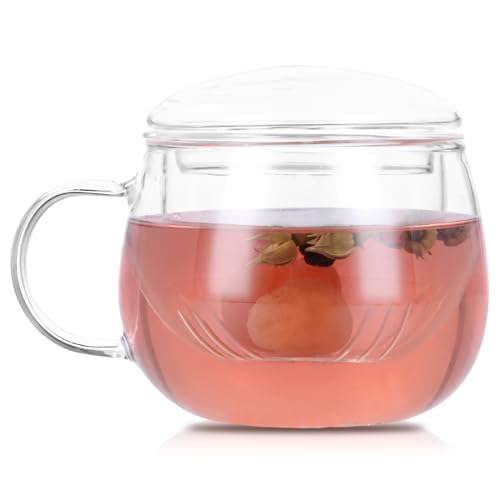 Wisebom Tazas de Te con Filtro y Tapa, 350ml Vaso de Te Todo en Uno con Filtro y Tapa Taza de Te de Vidrio Borosilicato para Te Negro Te Verde Té de Frutas