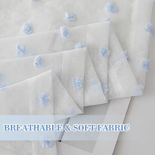 Image of MYSKY HOME Blue Pom Pom Sheer Curtains for Living Room 84 Inches 2 Panels