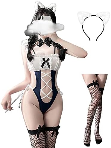 LIKENNY コスプレ 猫 セクシー メイド レオタード ハイレグ 水着 可愛い かわいい 連体 下着 仮装 撮影 衣装 ハロウィン クリスマス レディース チョーカー 連体衣 カチューシャ ストッキング ４点セット 詳細画像1