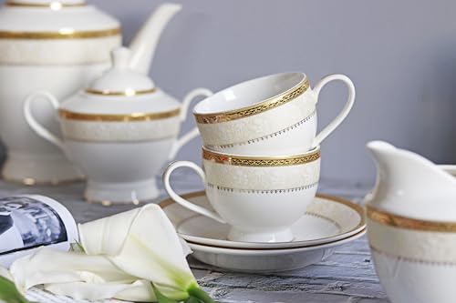 Image of Vigneto Creme Gold Cup and Saucer Set (Classic Gold) for Tea /Coffee /Hot Drinks | Set of 6 Cup and Saucers, 190 ML | Finest Premium Porcelain | Scratch Resistant | Chip Resistant