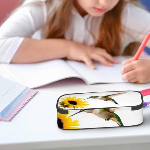 Image of Hummingbird Pencil Case Sunflower Small Bird Yellow Flower Lovely Scene Pencil Bag Pouch Box Organizer for College School Students Boy Girl