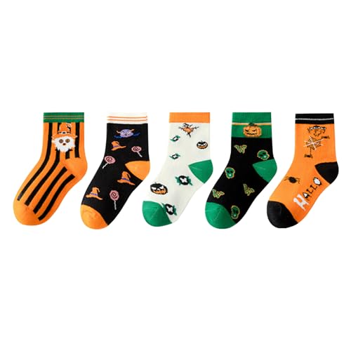 Mud Kingdom Halloween Socks Kids Girls Mid Length Colorblock Orange Green Sock for Big Boys Ghosts Pumpkins Soft 9-12 Years