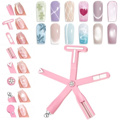Image of modelones Cateye Gel Polish Nail Magnet, 8-in-1 Cat Eye Magnet Nail Art Wand for Gel Nails with Steel Ball, Glass Bead, French Tip, Clover, Heart & Swirl Effects for DIY Home Salon Manicure