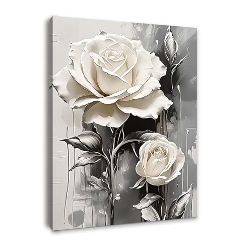Framed Canvas Wall Art for Living Room, Elegant White Rose Floral Artwork, Modern Gray and Beige Flower Decoration, Canvas Wall Art for Bedroom or Hallway with Hooks and Magic Tape, 12x16 Inch