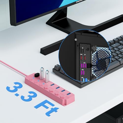 Image of USB Hub 7 Port, USB Splitter with Individual On /Off Switches and Lights | USB 3.0 Hub with 3.3ft Cable, Extender for A Port Laptop, PC, Desktop-Pink