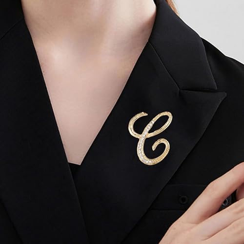 Image of Rhinestone Initial Brooch Pin for Women, Alphabet Gold Letter Brooch A-Z with Crystal, Metal Pin for Hat Bag Dress Suit Accessory for Men