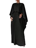 oshoplive Cape Dress for Women Pleated Maxi Evening Gown Wedding Guest Elegant Formal Floor Length Cape Sleeve Dress for Cocktail Party Special Occasion Black M