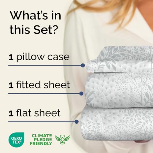 Image of Twin XL 3 Piece Floral Sheet Set - Soft, Breathable & Cooling - Gray Ferns
