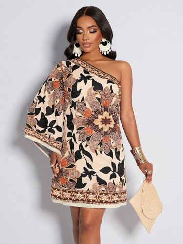 Image of KATECLO Women's One-Shoulder Boho Mini Dress - Asymmetrical Sleeve Floral Print Summer Shift Dress with Border Trim