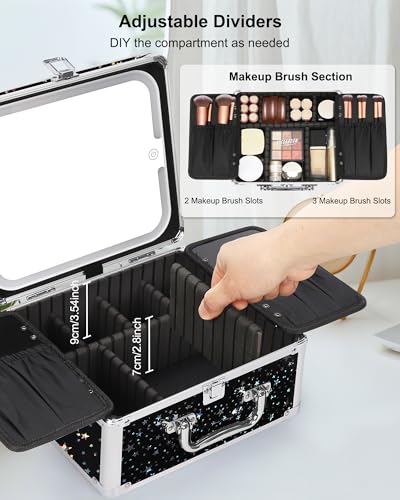 Image of Relavel Makeup Bag with LED Mirror, Makeup Box Travel Train Case with Rechargeable Lighted Mirror, Cosmetic Brush Organizer Storage for Makeup Artists Gifts for Women and Girls (Black Star, Small)