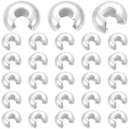 Beebeecraft 1 Box 300Pcs 4x3mm Open Crimp Beads 925 Sterling Silver Plated Half Round Crimp Beads Knot Covers End Tip Caps for Jewelry Making Beading DIY Crafts Bracelets Necklaces