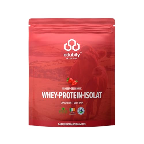 edubily nutrition® Whey Protein Isolat • Laktosefrei • Sehr gut lösliches Eiweißpulver ohne Kohlenhydrate & Zucker • Aus irischer Weidehaltung (750 g, Erdbeere mit Stevia)