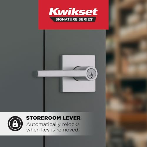Image of Kwikset Halifax Keyed Storeroom Entry Door Handle with Lock and Key, Secure Keyed Reversible Lever Exterior, for Front Entrance and Bedrooms, Satin Chrome, Pick Resistant Smartkey Rekey Security