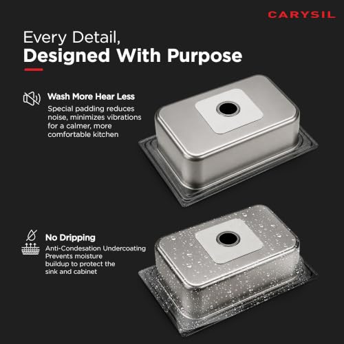 Image of Carysil Micro Radius R10 Handmade 304 Stainless Steel Sink 21x18x8 Inches, 10mm Corner Radius, Single Bowl, Deep Bowl, Sloping Drain, SS Coupling, Special Padding & Anti-Condensation Undercoating
