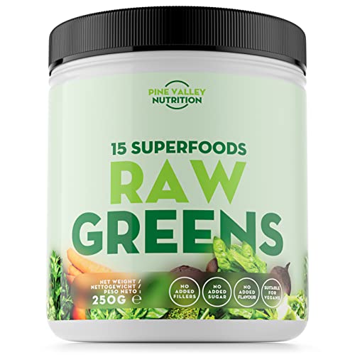 Raw Greens por Pine Valley Nutrition - 250g de Superalimentos y Verduras, Incluye Té Verde y Espirulina, Sin Aditivos, 50 Raciones