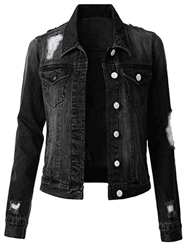 Tanming Women's Casual Lapel Distressed Ripped Long Sleeve Denim Jacket Outerwear?Black-L?