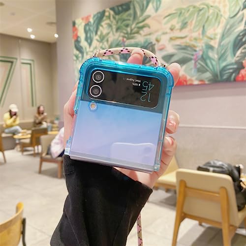 Coque Samsung Z Flip 4 et 3 transparente jaune bleu avec cordon amovible