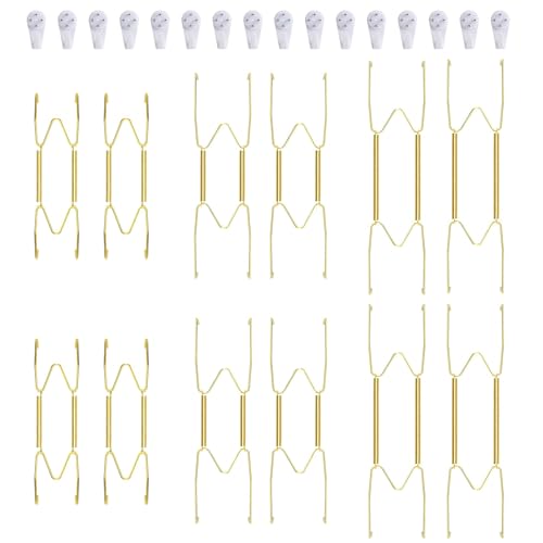 Image of 12 Piece Plate Hangers, 6 /8 /10 Inch Invisible Brass Wall Plate Hangers, Comes with 16 Piece Wall Hooks for Decorative Plates