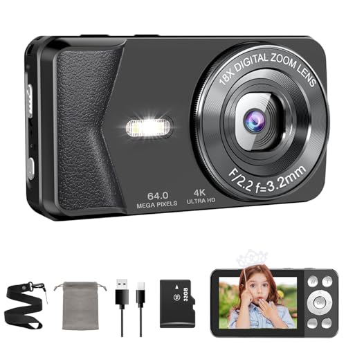4K Digitalkamera 64MP, Autofokus Kompaktkamera mit 18X Digitalzoom, 2.8” Bildschirm, Selfie & Vlogging Kamera, Webcam-Funktion, LED-Blitz, 32GB SD-Karte, Tragbare Fotokamera für Kinder & Anfänger
