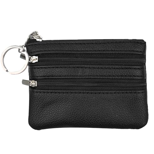 Bolsa para Llaves y Monedero Pequeño de Cuero PU con 3 Cremalleras   Portátil para Hombre y Mujer con Estilo (Negro)