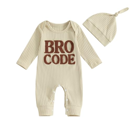 Image of Mandizy Infant Baby Boy Romper Coming Home Outfit Long Sleeve Letter Embroidered Jumpsuit Hat 2Pcs Ribbed Knitted Clothes Set