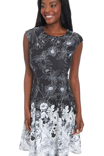 Image of London Times Women's Women's Fit and Flare Knee Length Cap Sleeve Round Neck - Border Print Special Occasion Cocktail Dress