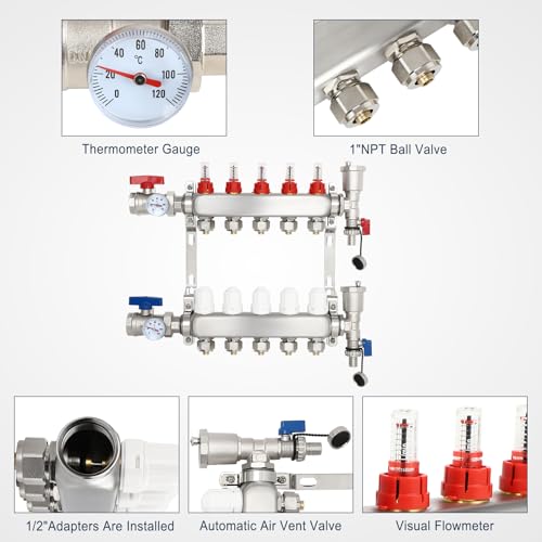 Image of Dollate Radiant Floor Manifold Set 5 Loop Manifold Kit Stainless Steel 1 /2 inch Pex Tubing for Hydronic Radiant Floor Heating