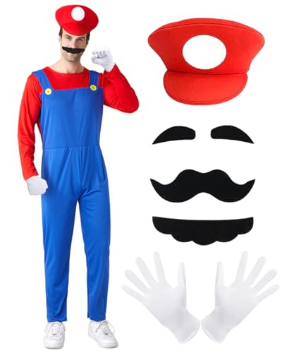 YYDSXK Disfraz de Super Bros para Adultos Niños, Conjunto de Disfraces de Super Brothers con Mono, Gorra y Guantes, Disfraz de Bros Cosplay para Adultos Niños para Carnaval Halloween Cumpleaños
