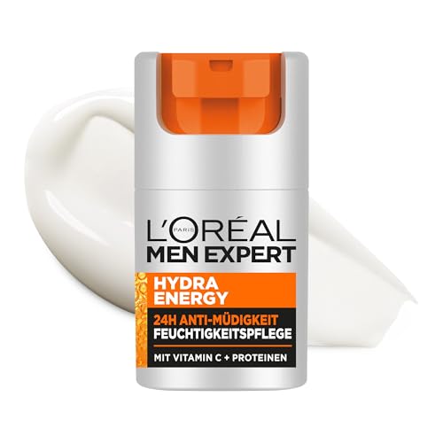 L'Oréal Men Expert Gesichtspflege gegen müde Haut für Männer, Belebende Feuchtigkeitscreme 24H Anti-Müdigkeit, Gesichtscreme für Herren mit Vitamin C und Proteinen, Hydra Energy, 1 x 50 ml