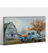 ANRUOXI Autumn Farmhouse Truck Wall Art, Old Blue Truck Canvas Prints, Foggy Fall Farm Pumpkin Pi...