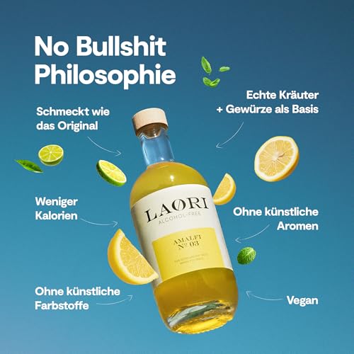 Laori Amalfi No 03 | Alkoholfreier Limoncello | Perfekt für Limoncello Spritz & alkoholfreie Cocktails | Ohne künstliche Aromen | Pflanzliche Farbstoffe | Zitronen-Aperitif alkoholfrei 500 ml