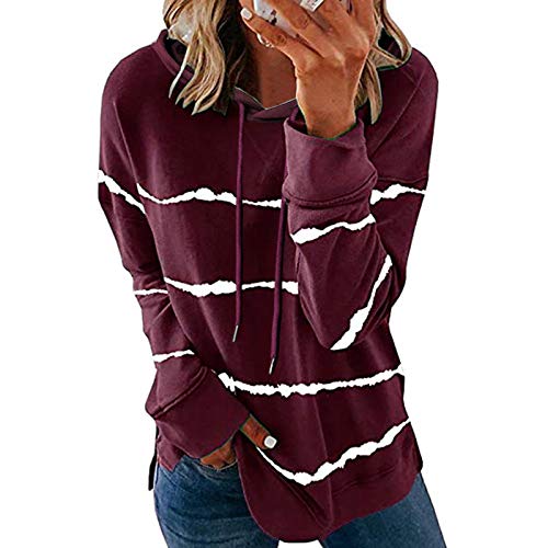 BIG-zwei Sudadera con Capucha de Manga Larga para Mujer, Sudadera con Cordón y Estampado de Rayas, Camiseta Informal (Vino, XL)