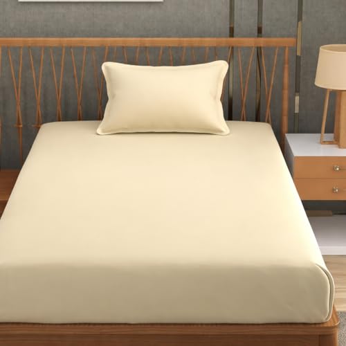 Image of DECOR2ADMIRE 300 TC Premium Glace Cotton Solid Lines Pastel Shades Bedsheet for Single Bed with 1 Pillow Cover for Home (Solid-Plain Beige, Single 60 inch x 90 inch)