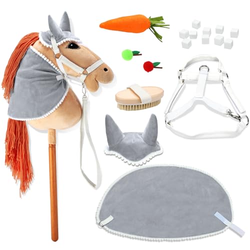 Teyva Daily 8 Pcs Hobby Horse Bridle Kit Include Horses Ear Bonnet Blanket Halter Sugar Cubes Red Green Apples Carrots Brush Saddle Belt Equestrian Enthusiast Gift Hobby Horse Not Include(Grey A4)