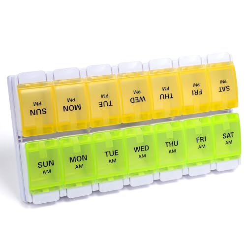 Image of Sukuos AM PM Weekly Pill Organizer 7 Day, 2 Times A Day Medicine Pill Box with Easy Push Button, BPA Free Vitamin Cases for Fish Oil /Supplements, Easy to Clean (Yellow&Green)