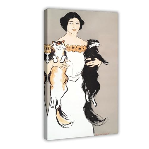 Impression sur toile Edward Penfield illustration de femme avec chats cadre suspendu 50x76 cm
