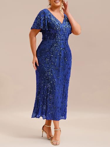Image of Ever-Pretty Plus Women's Sequin V Neck Plus Size Prom Dress Mermaid Formal Cocktail Evening Dresses for Curvy Women