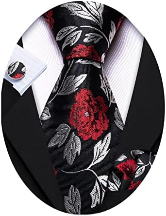 Barry.Wang Men's Classic Floral Necktie Set,Black Red,One Size