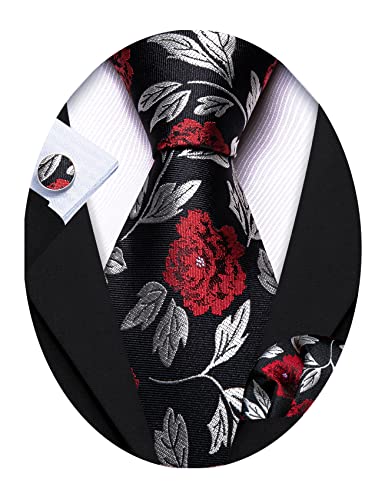 Image of Barry.Wang Flower Ties for Men Handkerchief Cufflinks Set Wedding Necktie Set Party