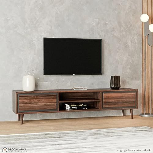 Image of DecorNation Elegant Walnut-Finished Alon Wooden TV Unit: A Stylish Entertainment Solution(70″ x 14″ x 16″, Walnut)
