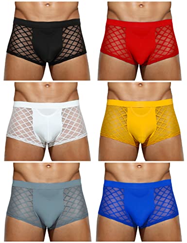 Casey Kevin Men's Underwear Sexy See Through Lace Boxer Briefs Mesh Trunks, 6 PACK-MULTICOLOR