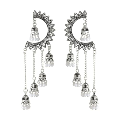 Image of WORLD CRAZE Multicolour long kashmiri jhumka for women chandbali earrings chand baliyan | kashmiri earrings for women | bahubali earrings stylish | Traditional Indian Festive Jewelry | Long Chain Tassels | Pearl Drop Latkan Jewellery (Multi colour)