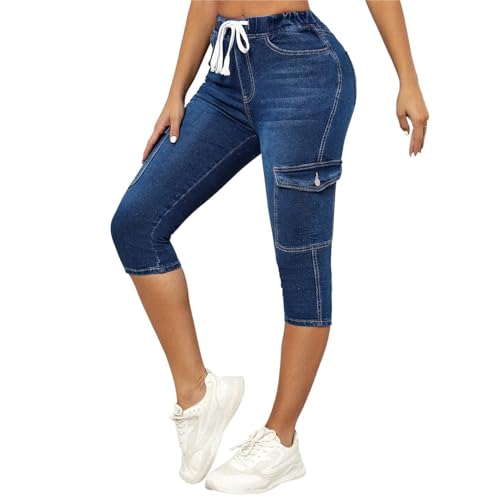 Summer Womens Capri Jeans Drawstring Skinny High Waist Stretchy Trendy Cropped Jogging Pants with Pockets