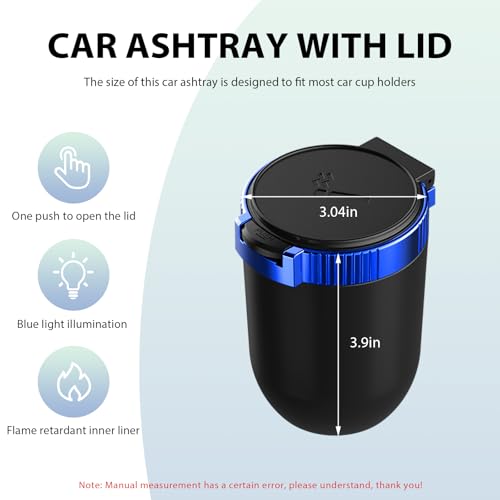 Image of Car Ashtray with Lid, Detachable Smokeless Auto Cup Holder Ashtray with LED Blue Light, Stainless Steel Ash Tray Portable Mini Vehicle Trash Can for Car Home Outdoor (Blue)