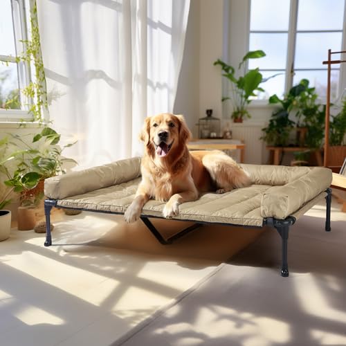 Veehoo Letto per Cani Rialzato con Cuscino Rimovibile Lavabile, Cuccia Cane Interno Esterno Lettino Rialzato per Cani Domestici Divanetto per Cani, Beige 125 x 83 x 22.5cm