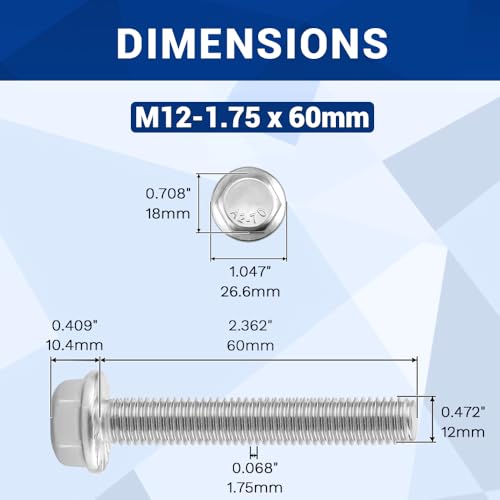 Image of M12-1.75 x 60mm Serrated Flange Hex Bolts + Flange Nut + Flat Washer + Lock Washer Combo Pack, 304 Stainless Steel 18-8, for Automotive & Machinery, 4 Sets
