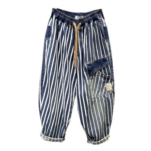 LIXINGHEITANG Large Size Vertical Striped Workwear Denim dad Pants Mens Summer Elastic Waist Hiphop