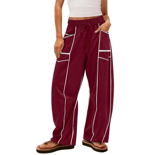 Image of Barrel Pants Women Casual Cargo Wide Leg Baggy Sweatpants Drawstring High Waisted Lounge Palazzo Pants with Pockets
