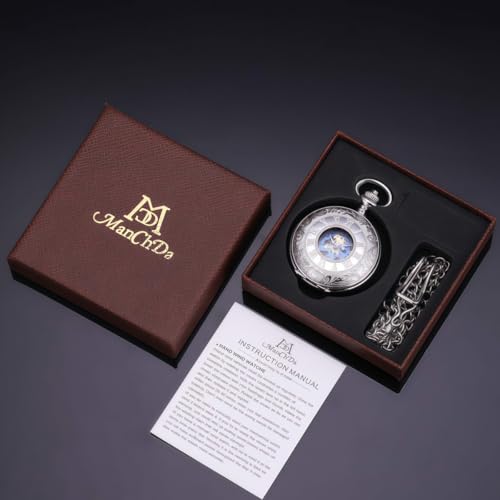 Image of ManChDa Mechanical Roman Numerals Dial Skeleton Pocket Watches with Box and Chains for Mens Women